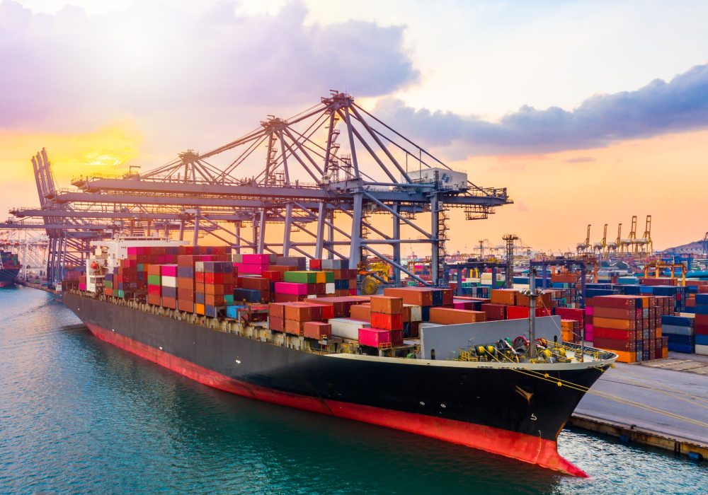 Container ship global business freight import export logistic transportation.